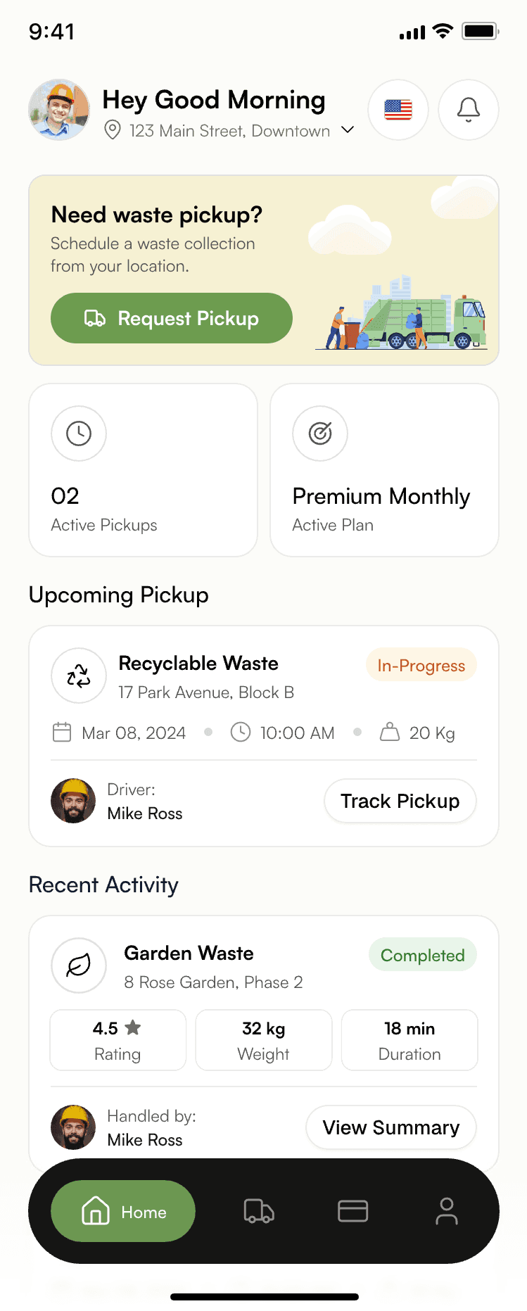 Customer app — home with upcoming pickup