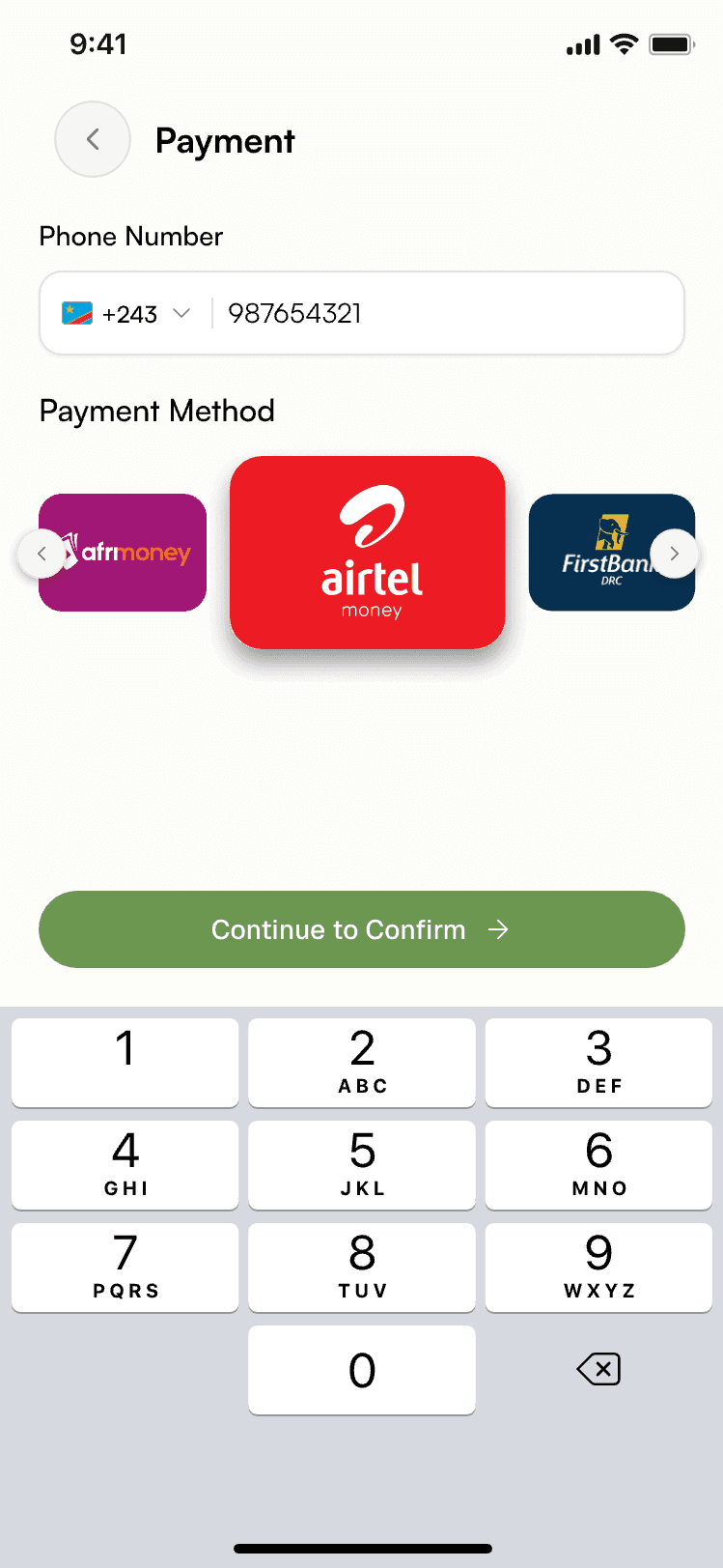 Payment — phone number and mobile money method