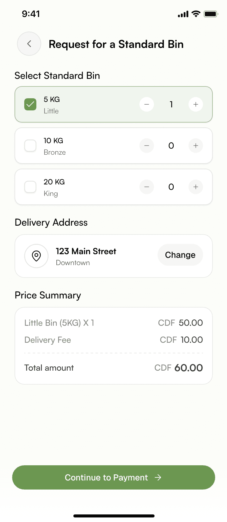 Customer app — request a standard bin